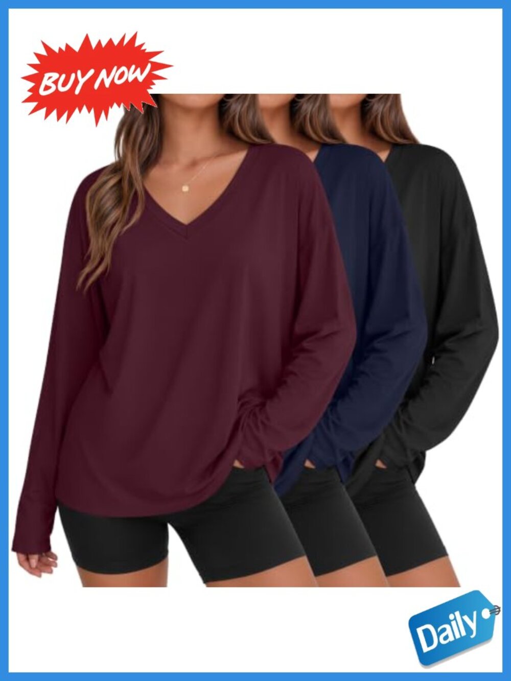 Oversized Long Sleeve V Neck Cotton T-Shirt 3 Pack